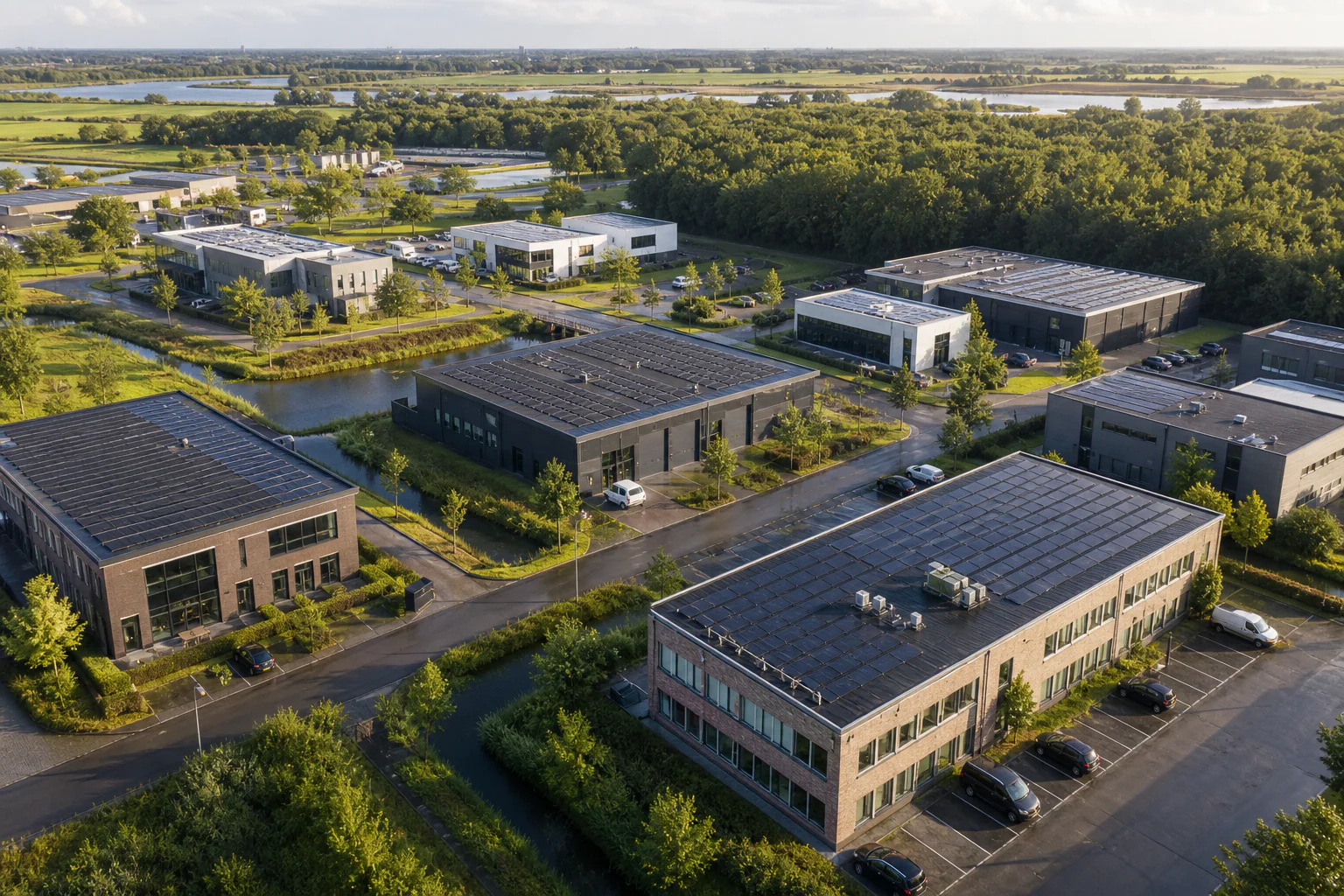 Nederlands bedrijvenpark met zonnepanelen op de bedrijfsdaken
